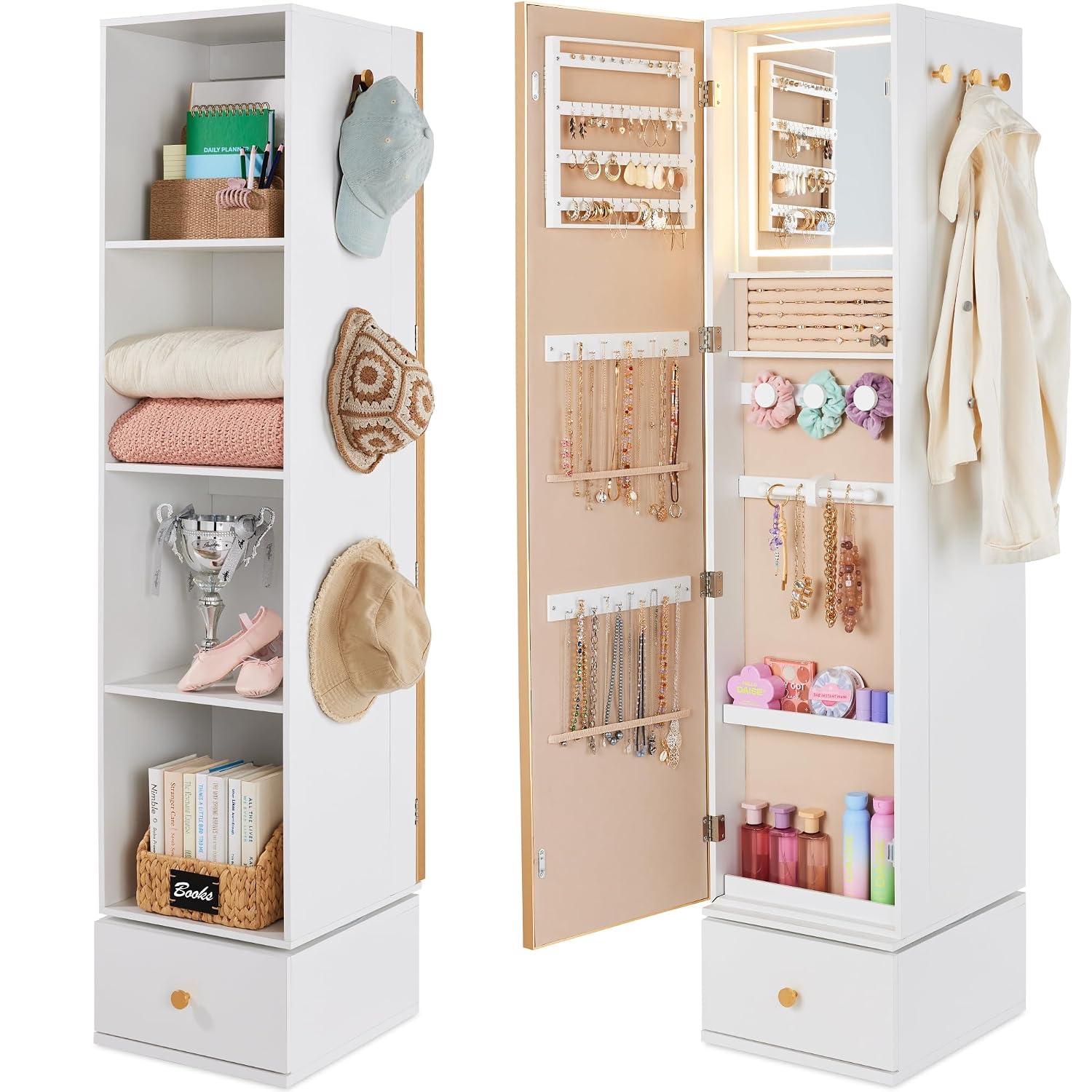 Full Length Mirror Jewelry Armoire - Cermin Putar dengan Kabinet Penyimpanan, Lemari