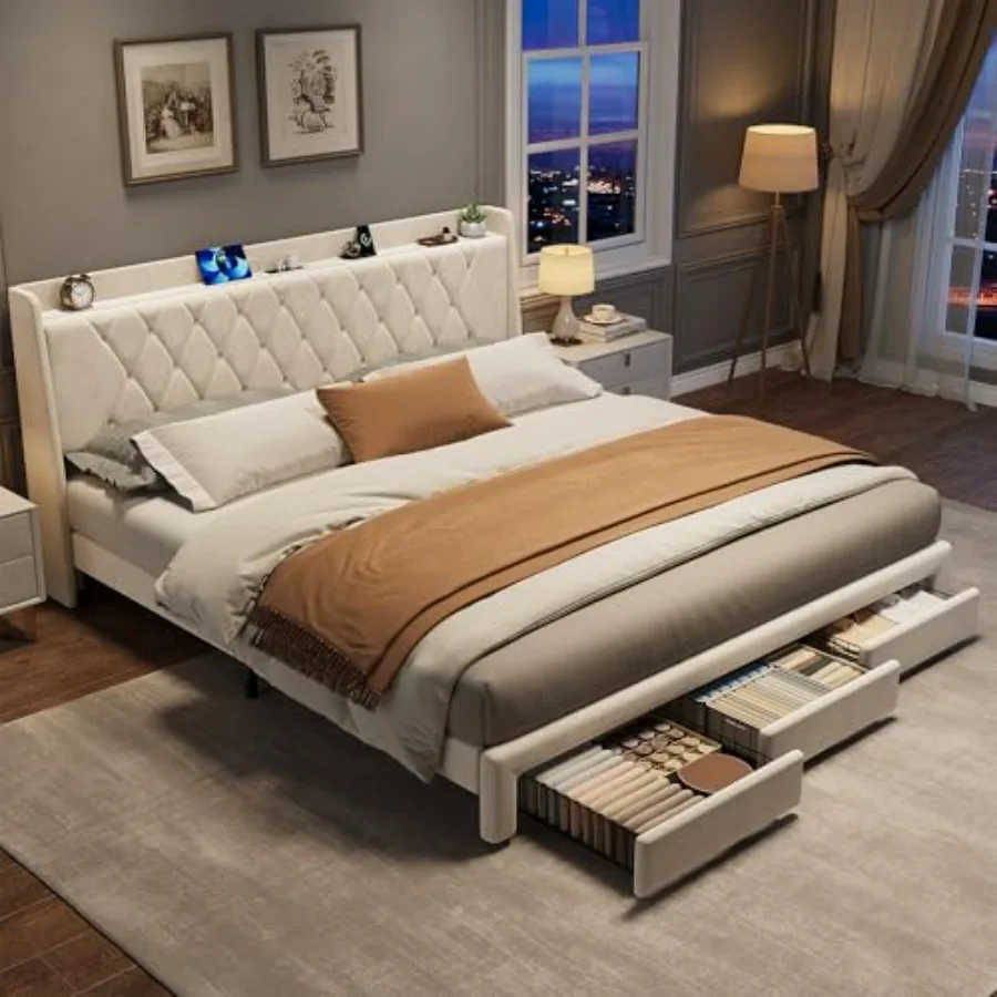 King Size Bed Frame With Storage Drawers - Rangka Tempat Tidur Platform Berlapis Beludru