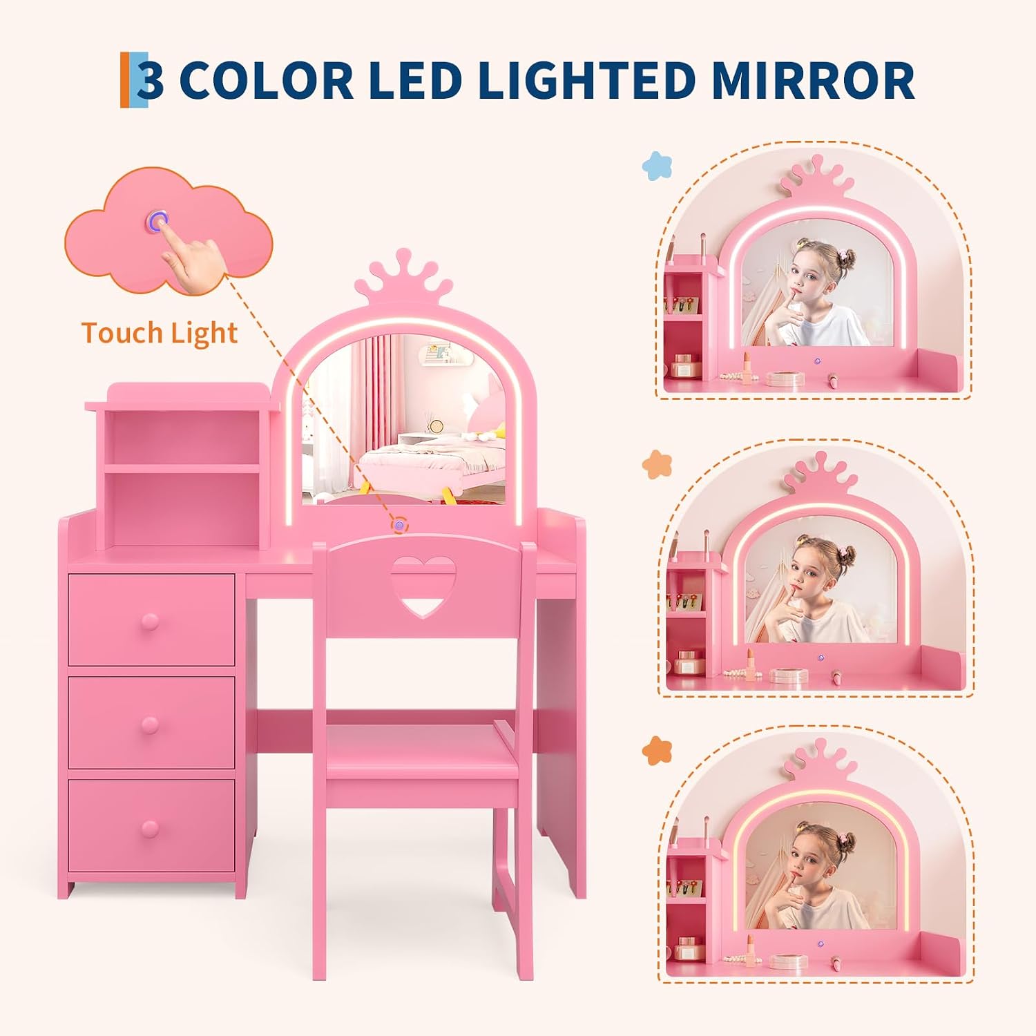 Meja Rias Anak dengan Cermin B - Dressing Table Vanity With Lighted Mirror ulasan dan harga