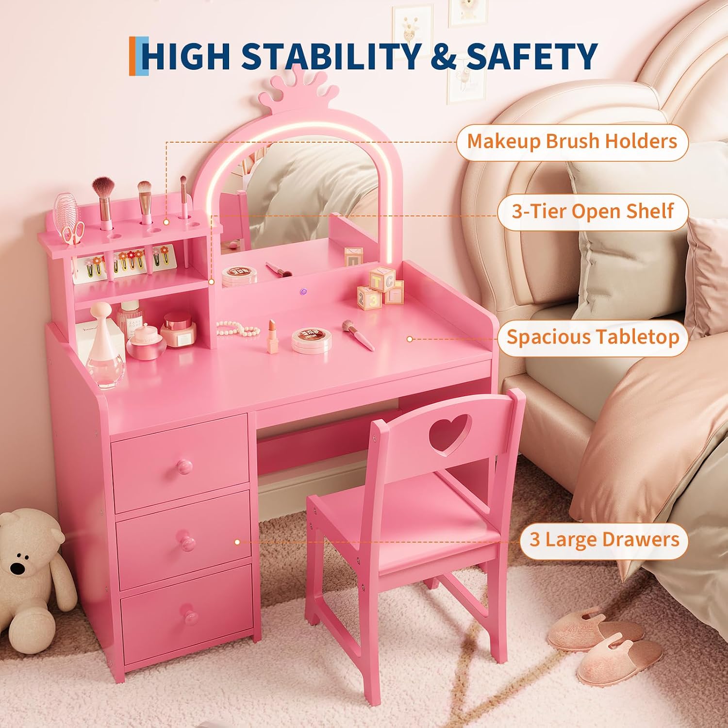 Meja Rias Anak dengan Cermin B - Dressing Table Vanity With Lighted Mirror ulasan dan harga