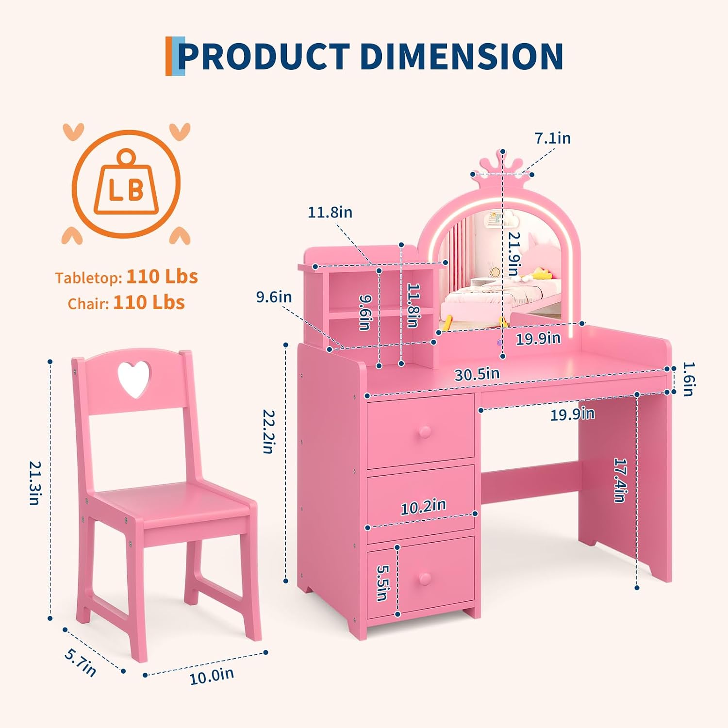 Meja Rias Anak dengan Cermin B - Dressing Table Vanity With Lighted Mirror ulasan dan harga