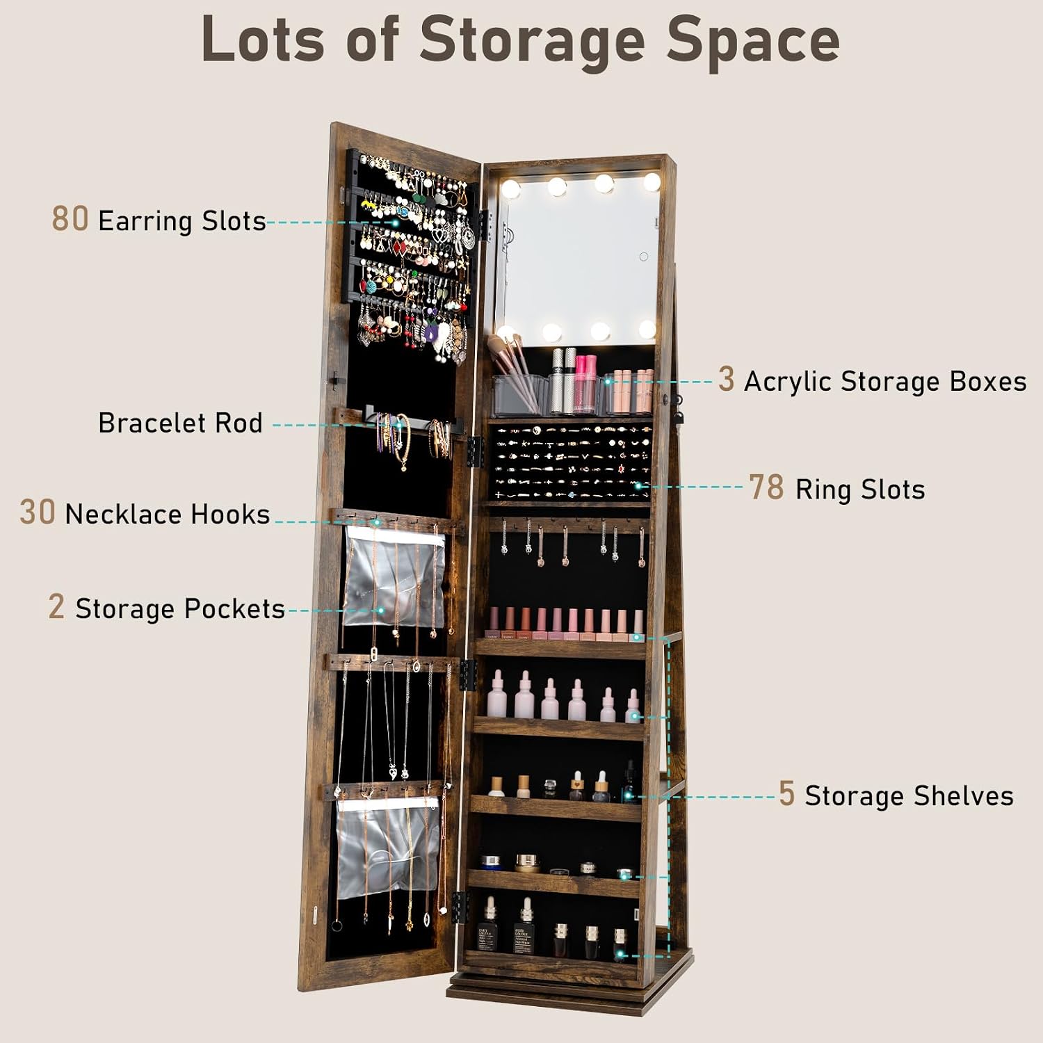 Lemari Perhiasan Putar dengan  - Full Length Mirror Jewelry Armoire ulasan dan harga